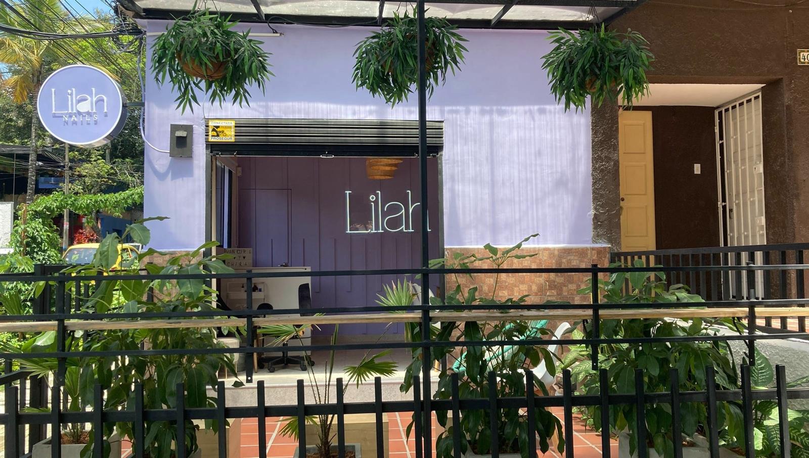 Fachada lila de Lilah en Laureles con helechos colgantes